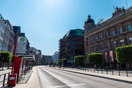 Hamburg, Germany - August 25, 2019: Stephansplatz, street with classic and modern buildings in Neustadt, Hamburg, Germanyのeditorial素材