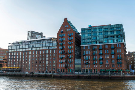 Converted warehouse in the pier on the Elbe river in St. Pauli, Hamburg, Germany
