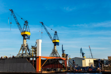 Container cranes in the port on the Elbe river in Hamburg, Germany