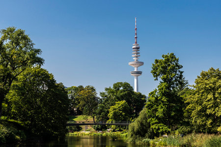 View of the Heinrich Hertz Tower, radio telecommunication tower seen from the Planten un Blomen,...
