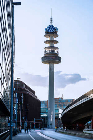 Hanover, Germany - August 19, 2019: View of the VW-Tower, radio telecommunications tower with people...