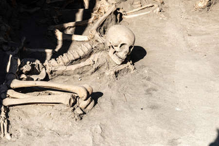Skulls, skeletons and bones found entombed in lava in the Roman ruins of the ancient archaeological site of Herculaneum in Ercolano, Italyの写真素材