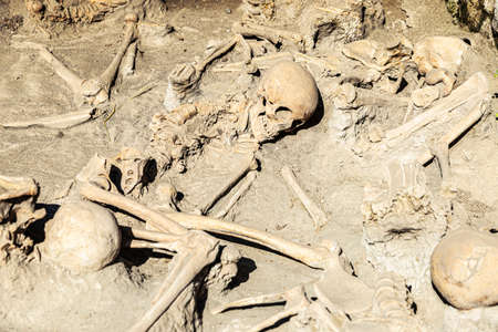 Skulls, skeletons and bones found entombed in lava in the Roman ruins of the ancient archaeological...
