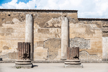 View of the roman ruins of the ancient archaeological site of Pompeii in Campania, Italyの写真素材
