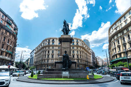 Naples, Italy - September 9, 2019: Statue of Vittorio Emanuele II in Piazza Giovanni Bovio with traffic in the historical center of Naples, Italyのeditorial素材