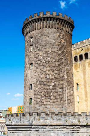 Tower of the Castel Nuovo (New Castle) or Maschio Angioino in Naples, Italyのeditorial素材