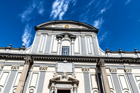 Facade of the Basilica of San Paolo Maggiore in the historical center of Naples, Italyの写真素材