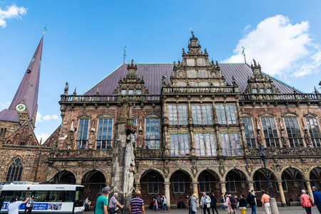 Bremen, Germany - August 19, 2019: Facade of the Bremen City Hall with people around in the old town of Bremen, Germanyのeditorial素材