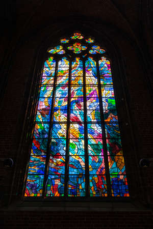 Multi-colored stained glass in the interior of the church of Our Lady in Bremen, Germanyのeditorial素材