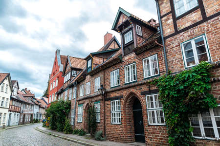 Street with old medieval town houses in the old town of Lunenburg, Lower Saxony, Germany