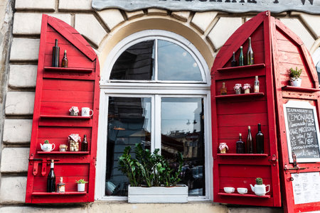 Krakow, Poland - August 28, 2018: Entrance of a bar and restaurant in Jozefa street in the old town of Krakow, Polandのeditorial素材