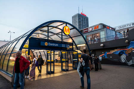 Warsaw, Poland - September 2, 2018: Entrance of an underground station called Centrum with people around in Warsaw, Polandのeditorial素材