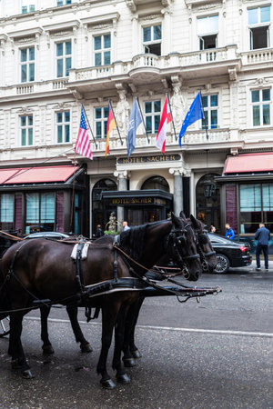 Vienna, Austria - October 14, 2022: Facade of the Sacher Hotel, a classic building with a horse carriage and people around in Innere Stadt, Vienna, Austriaのeditorial素材