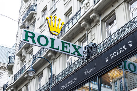Vienna, Austria - October 14, 2022: Sign of Rolex in a shopping street of Innere Stadt, Vienna, Austriaのeditorial素材