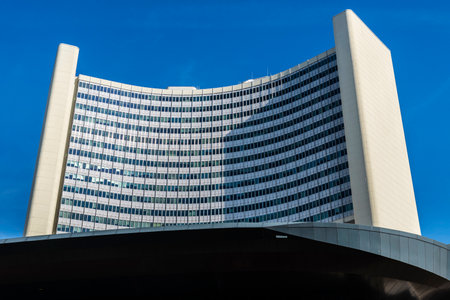 Vienna, Austria - October 17, 2022: Facade of the headquarters of International Atomic Energy Agency or IAEA, a modern skyscraper in Donau City or Vienna DC, Vienna, Austriaのeditorial素材