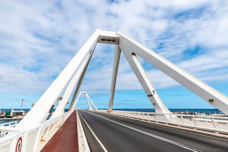 Perspective of the drawbridge or bascule bridge called Porta Europa over the port of Barcelona,...