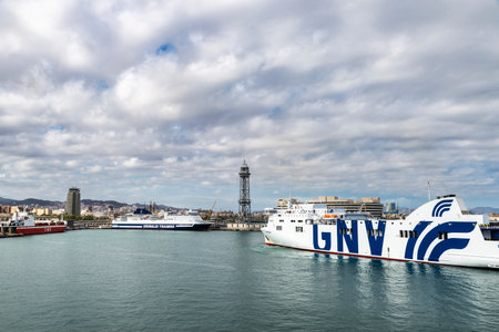 Barcelona, Spain - April 17, 2023: GNV cruise ship or ferry sailing in the port of Barcelona, Catalonia, Spainのeditorial素材