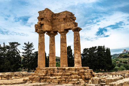 Temple of the Dioscuri or Castor and Pollux in the Valle dei Templi or Valley of the Temples, Agrigento, Sicily, Italyの写真素材