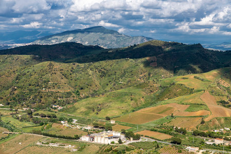 Elevated view of the province of Trapani with cultivated fields in Sicily, Italyの写真素材