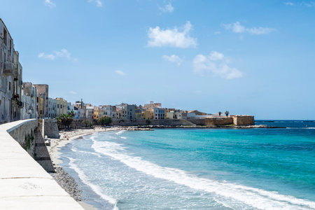 Promenade and beach in the old town of Marsala, Trapani, Sicily, Italyの写真素材