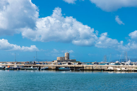 View of the Castello della Colombaia (Colombaia castle), Torre Peliade (Peliade tower) or Castello di mare in the port of Marsala, Trapani, Sicily, Italy,の写真素材
