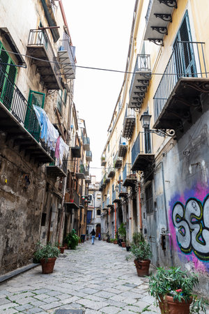 Palermo, Italy - May 13, 2023: Street of the old town of Palermo with people around in Sicily, Italyのeditorial素材