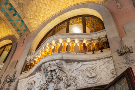 Interior of the Palau de la Musica Catalana or Catalan music palace, concert hall designed by Lluis Domenech i Montaner in Barcelona, Catalonia, Spainのeditorial素材