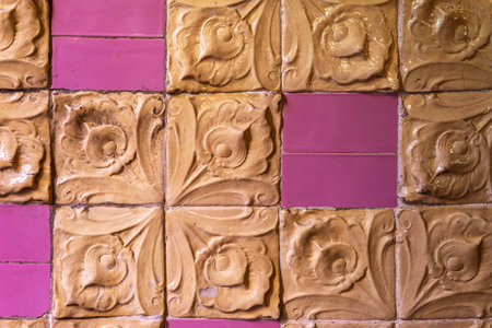 Tiles decorated with floral shapes of the Palau de la Musica Catalana or Catalan music palace, concert hall designed by Lluis Domenech i Montaner in Barcelona, Catalonia, Spainのeditorial素材