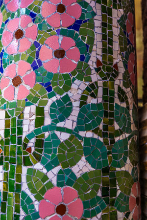 Column decorated with mosaic of the Palau de la Musica Catalana or Catalan music palace, concert...