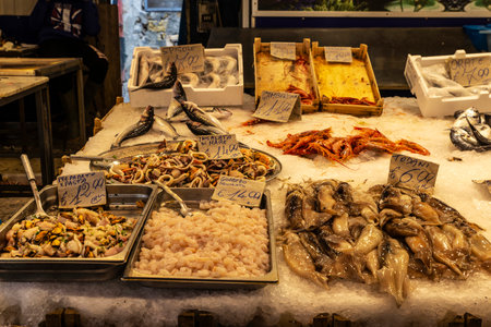 Fish and seafood shop in Ballaro Market, street food market in Palermo, Sicily, Italyの写真素材