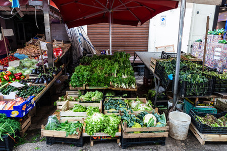 Palermo, Italy - May 13, 2023: Fruit and vegetable shop in Ballaro Market, street food market in Palermo, Sicily, Italyのeditorial素材