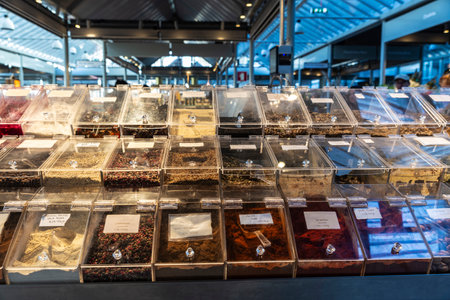 Display of a spice shop in bulk in Bolhao Market, street food market in Porto or Oporto, Portugal