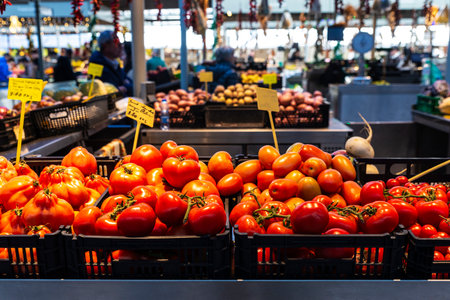 Heap of tomatoes in a fruit and vegetable shop in Bolhao Market, street food market in Porto or...