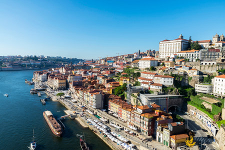 Porto, Portugal - November 24, 2023: Elevated view of the The Ribeira area along the Douro river in...