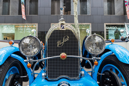 Barcelona, Spain - April 6, 2024: Old retro blue car from the 1920s of the brand Talbot 11 Six of...