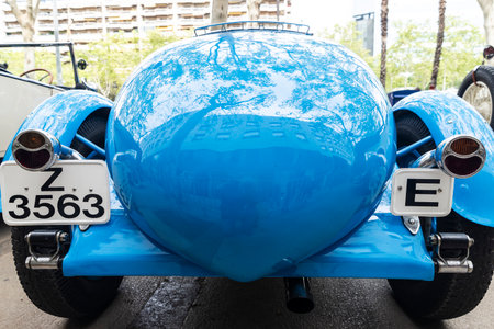 Barcelona, Spain - April 6, 2024: Old retro blue car from the 1920s of the brand Talbot 11 Six of...