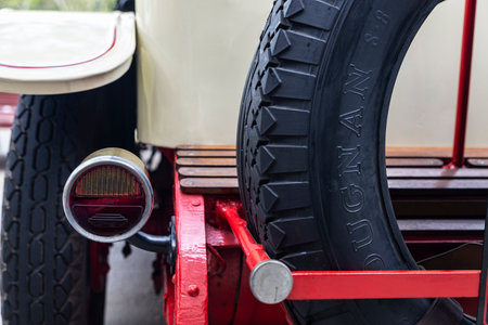 Barcelona, Spain - April 6, 2024: Old retro car from the 1920s of the brand Locomobile Junior 8 of...