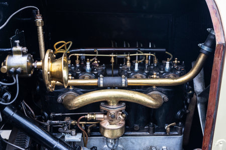 Engine of an old retro car from the 1920s parked on a street in Barcelona, Catalonia, Spain
