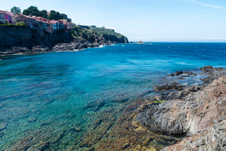 Rocky cliffs on the coast of Collioure, Cotlliure, France,の写真素材
