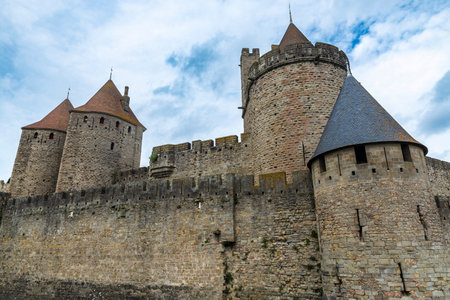 View of the walled medieval fortress of Cite de Carcassonne, Occitania, France