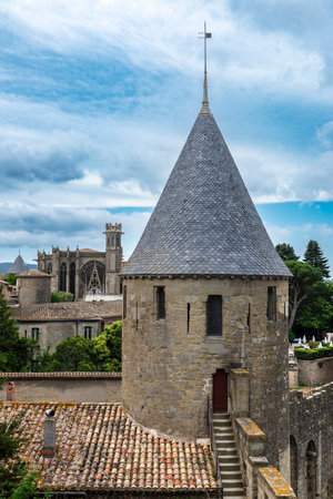 View of the walled medieval fortress of Cite de Carcassonne, Occitania, Franceの写真素材
