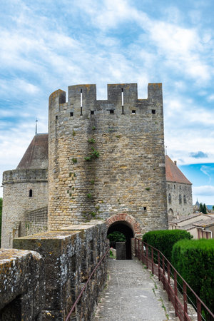 View of the walled medieval fortress of Cite de Carcassonne, Occitania, Franceの写真素材
