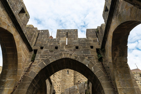 View of the walled medieval fortress of Cite de Carcassonne, Occitania, Franceの写真素材