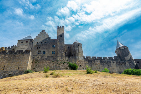 View of the walled medieval fortress of Cite de Carcassonne with concentric circles, Occitania, Franceの写真素材