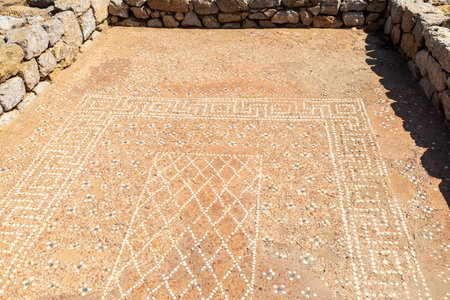 Mosaic in the domus of the Ruines d Empuries, Roman and Greek ruins located on the Costa Brava, Girona, Catalonia, Spainの写真素材
