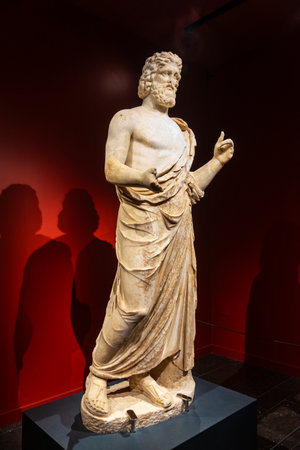 Statue of Aesclepius of the Ruines d Empuries, Roman and Greek ruins located on the Costa Brava, Girona, Catalonia, Spainの写真素材