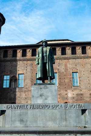 Monument of Emanuele Filiberto Duca D Aosta and the palace Madama in the Piazza Castello in Turin or Torino, Piedmont, Italyの写真素材