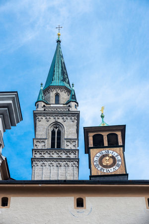 Facade of the Franciscan Church or Franziskanerkirche in the old town of Salzburg, Austria