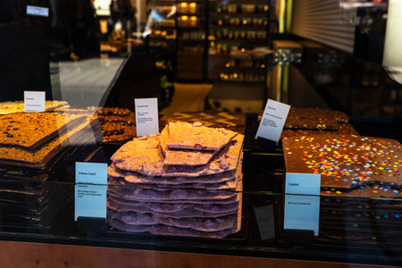 Display of a candy shop with chocolate in Viktualienmarkt, street food market in Munich, Bavaria, Germanyの写真素材