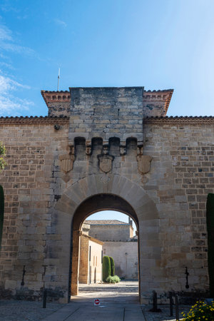 Fortified entrance of the Reial Monestir or Royal Abbey of Santa Maria de Poblet, Tarragona, Catalonia, Spainの写真素材